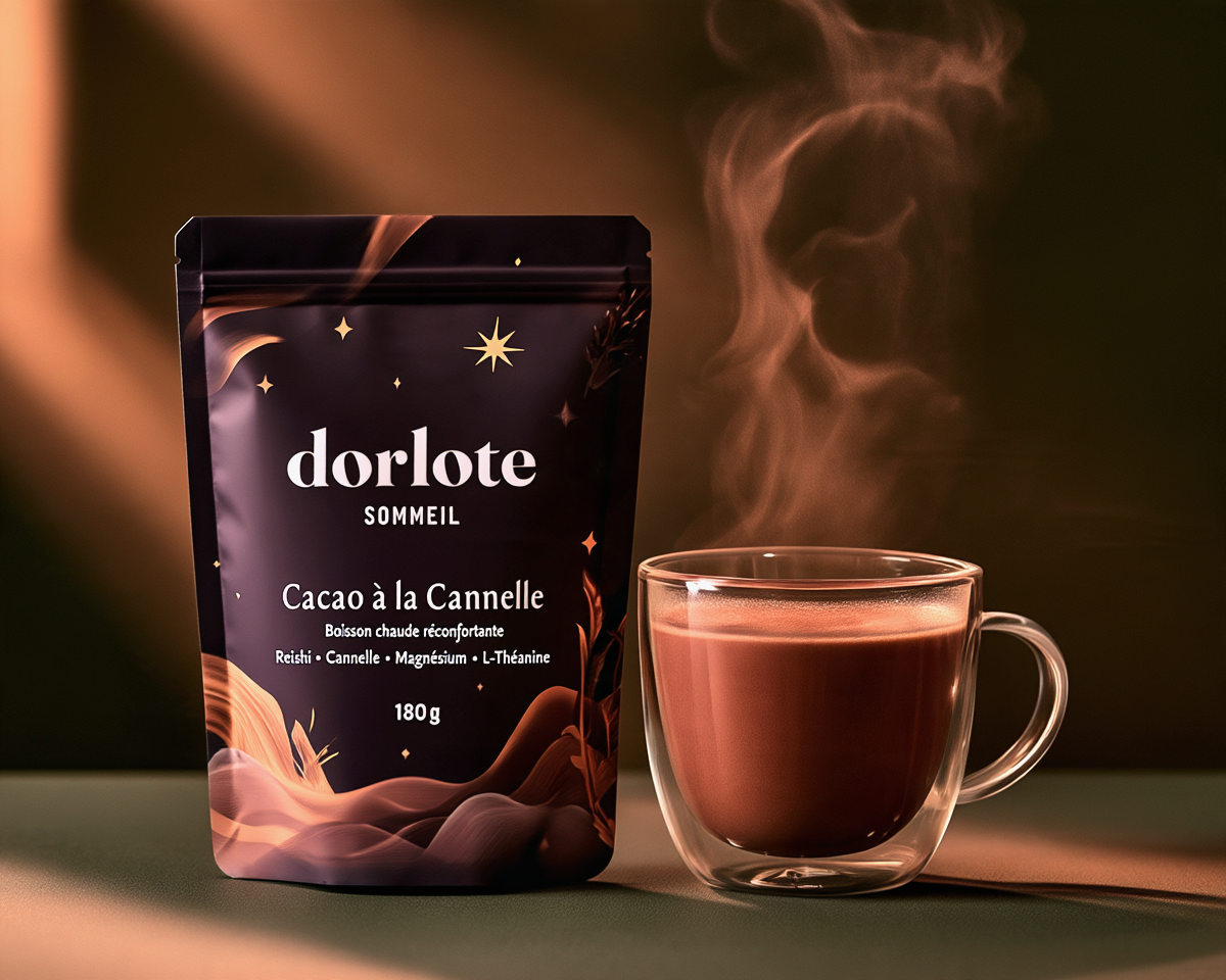 Sachet Dorlote Sommeil Cacao à la Cannelle avec une tasse fumante