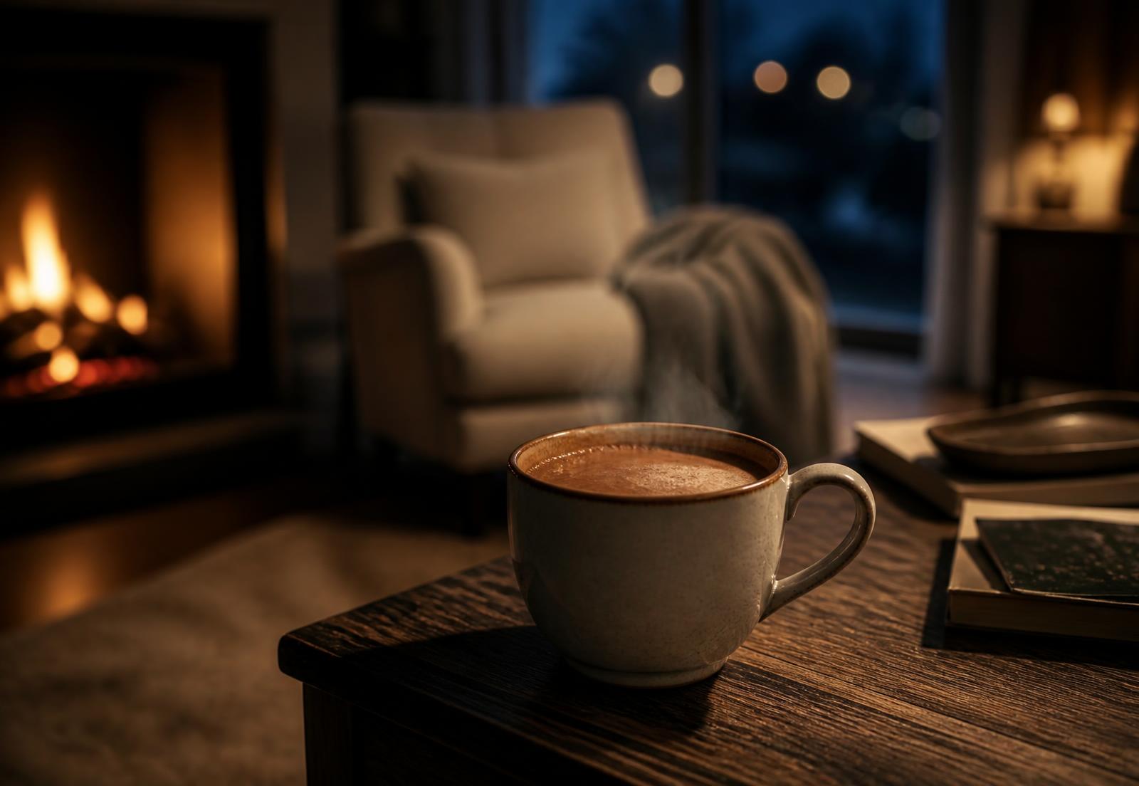 Tasse de cacao chaud dans un salon chaleureux près de la cheminée